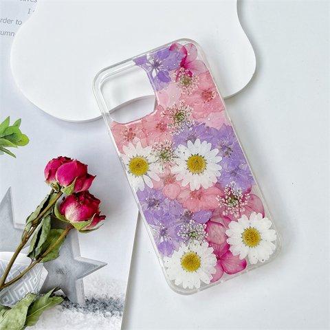 紫陽花と千鳥草、押し花スマホケース、全機種対応、手帳型、四隅にショルダーホール、スマホリング、iPhone14、iPhone14plus、iPhone14Pro、GooglePixel 5