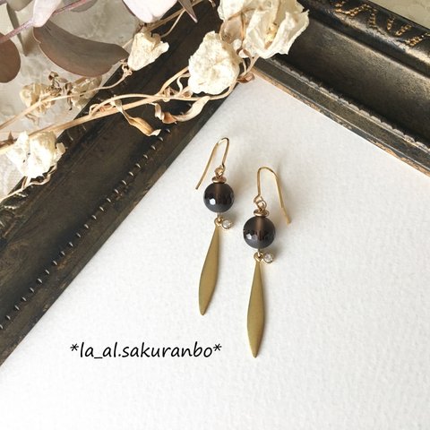 ✳︎Smoky Quartz✳︎茶水晶と真鍮のシンプルピアス／イヤリング✳︎雫(しずく)✳︎