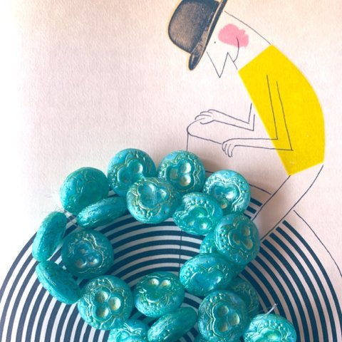 【2コセット】JIRI＊IVANA #czech beads#チェコビーズ　vintage style 18㎜ turquoise/blue shine