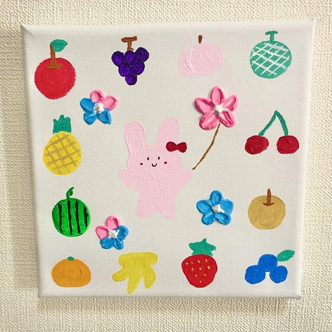 絵画　原画　アクリル画　テクスチャーアート　果物　うさぎ　フルーツ　ミニアート