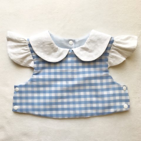 gingham×cottonrace sleeve bib(blu)