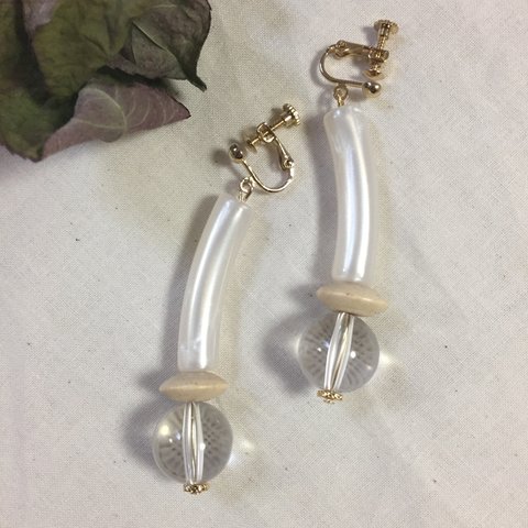 017 whitetube×clearbeads×woodbeads イヤリング/ピアス