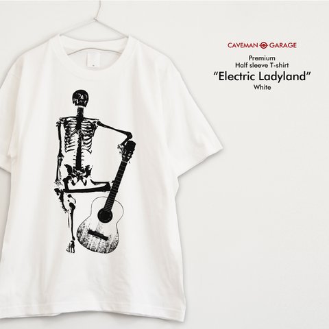 骸骨とギターの音楽Ｔシャツ  ※プレミアム仕様※  【ホワイト】プレミアムなちょい厚手半袖クルーネックTシャツ