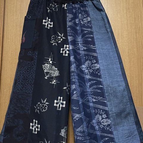 着物リメイク　①紬のパッチワーク　スカート見えガウチョパンツ　