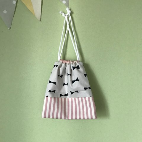 リボン×ピンクしましま柄巾着☆コップ袋☆ハンドメイド