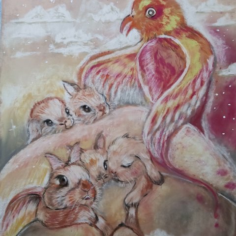 鳳凰〜うさぎ〜【額装 パステル画 絵画 原画 イラスト】