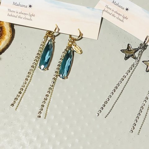 ターコイズブルージルコニア☆ジルコニアチェーン☆キャッチレスフープピアス