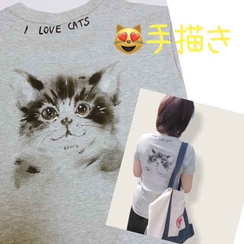 猫　手描きTシャツ