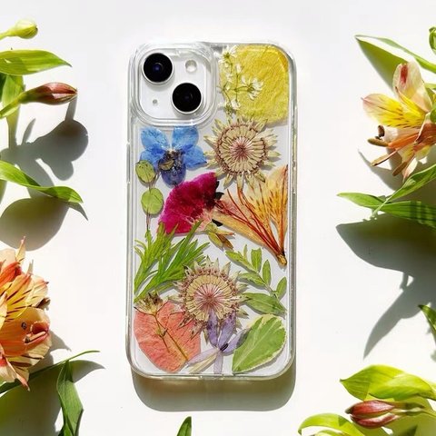 本物のお花 ドライフラワー リーフ 押し花 レトロ シンプル スマホケース 葉っぱ