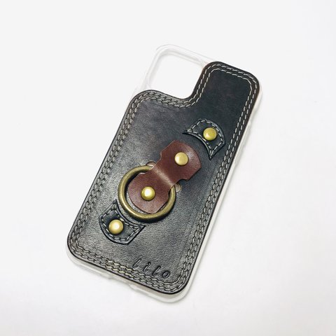ハンドメイド・iPhone pro用・バンカーリングとダブルステッチの背面カバー