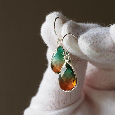 Green & orange Multicolor Quartz　S925(ロジウム）フックピアス❀