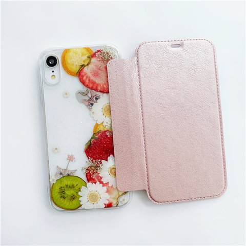  ❤果物とねこ 選べる5色 スマホリング 押し花【手帳型スマホケース】iPhone15Pro/14Pro/13Pro/12Pro/SE/11Pro/XR/XS/8/7