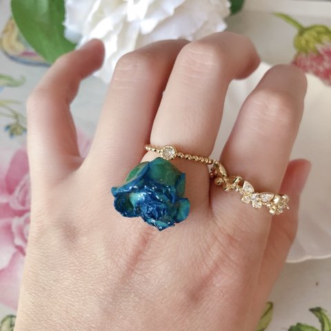 青い薔薇バラと蝶のフリーサイズ リングセット 指輪～花  フラワー ブルー