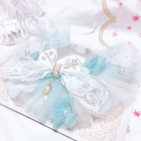 【完売】ケープ首輪🎀お花いっぱいアシンメトリーグラデーションチュール×ホワイトスカイブルー🎀