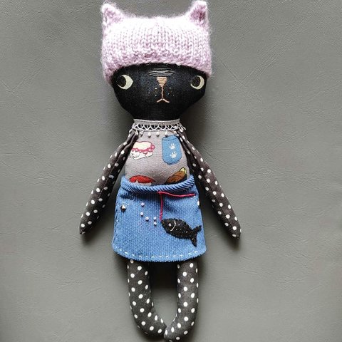 黒猫　ハンドメイドドール　猫人形　手作り人形　猫の置物　ねこ　猫のぬいぐるみ　プレゼント