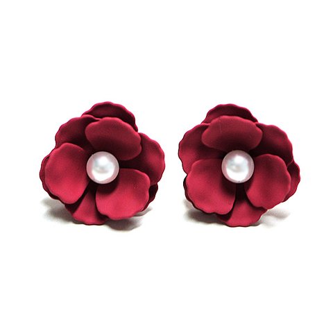 再販【1ペア】Anemoneオリエンタルレッドカラーパール付き花チタン芯ピアス