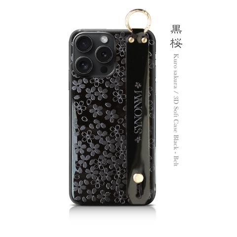 黒桜 - 和風 立体型 ハンドベルト付ソフトiPhoneケース【iPhone全機種対応/和柄/スマホケース】