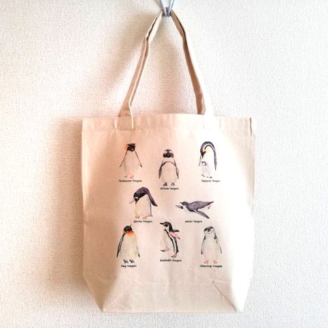 【送料無料・2サイズ】 ペンギンの図鑑風トートバッグ 水彩デザイン