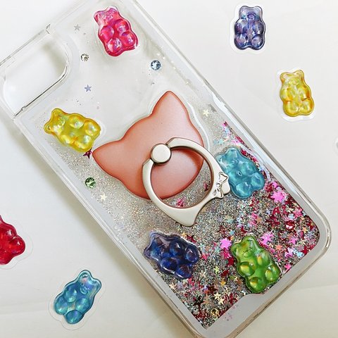 揺れる星🐻POP Bear ウォーターケース 猫 リング付き スマホリング スマホケース iPhone8 iPhone7 iPhone6/6s iPhoneケース