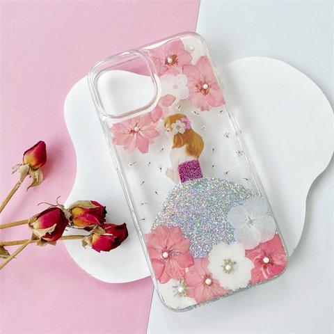 紫陽花&千鳥草押し花スマホケース、全機種対応、手帳型、四隅にショルダーホール、iPhone15、iPhone15Pro、iPhone15plus、iPhone14Pro 、GooglePixel