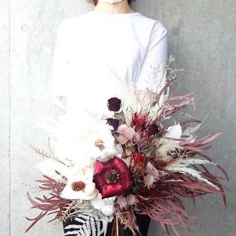 【人気】おしゃれ花嫁の紅白ブーケ♡ ドライフラワー スワッグ プレゼント 花束 パームフラワー ウェディングブーケ