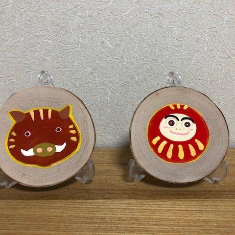 DARUMA（だるま＆いのしし）輪切りコースター・アクリル画