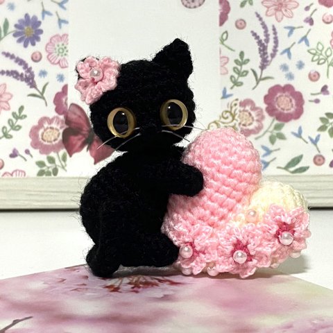 黒猫の桜ハート♡キーホルダー♡ストラップ・ボールチェーン＊あみぐるみ