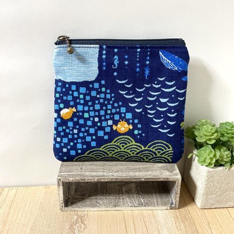 海とお魚  ミニポーチ  (12×11.5cm)