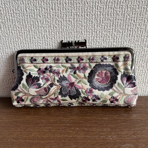 がま口ペンケース　インド刺繍リボン　鳥と花パープル　【G-58】