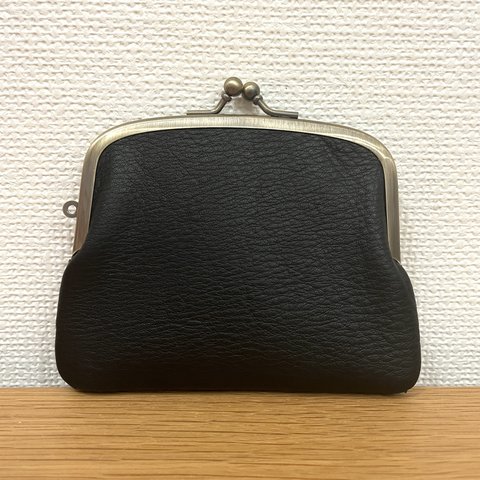 パカっと開くとお部屋が２つ＊仕切りつき口金の本革ぺたんこがまぐちミニ財布（ブラックレザー）