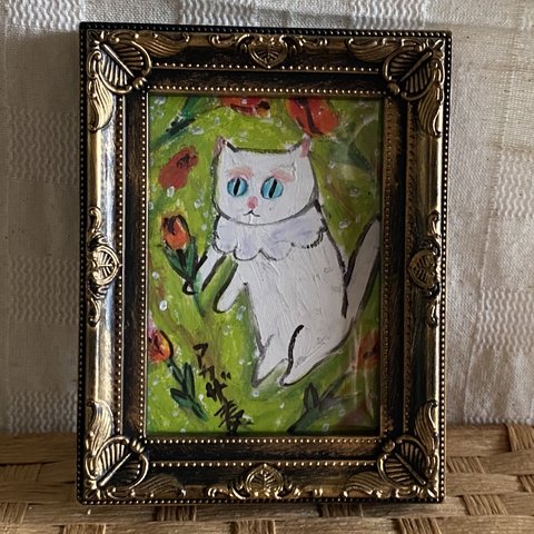 絵画。原画手描き【赤いチューリップと楽しい白い猫ちゃん】