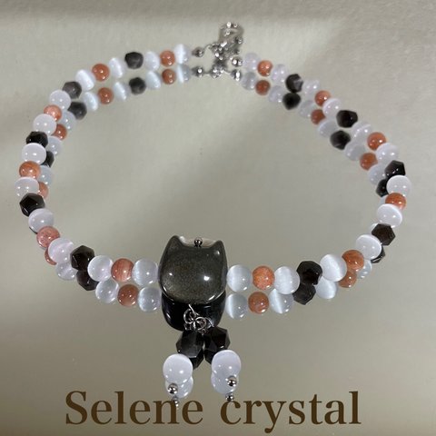 猫　天然石　スマホストラップ　キャッツアイ　おすすめ　ハンドストラップ　キーホルダー　Selene crystal 