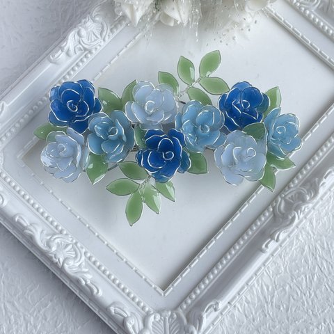 大きめバレッタ「奇跡〜blue rose bouquet」　送料無料