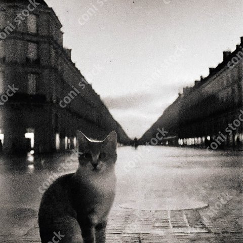 広い通りにいる猫の昔の写真のイメージ、レトロ、モノクロ、アート、古びた写真　conistock_56771