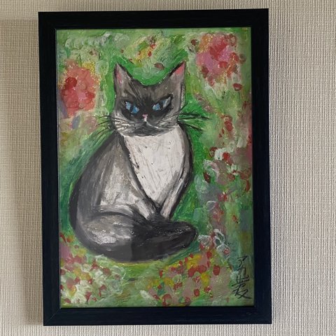 絵画。壁掛け絵原画手描き【野の花から猫ちゃんの好奇心】