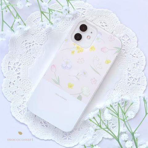 春の花々ライトピンク スマホケース iPhone Android アンドロイド 全機種対応 花柄 桜 チューリップ 菜の花 パンジー マーガレット すずらん バラ バイカラー