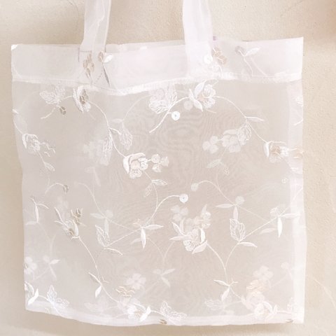 オーガンジー 花刺繍 エコバッグ  畳めるバッグ サブバッグ 洗えるエコバッグ