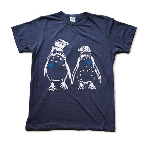 ハートペンギンの手刷りやわらか紺Tシャツ