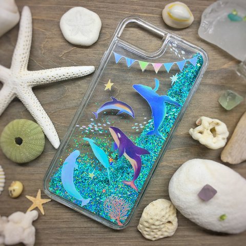 海の生き物　グリッターケース　iphone　イルカ/クジラ/シャチ