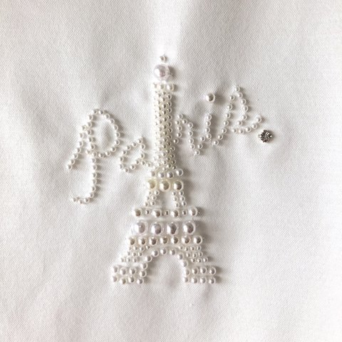 エッフェル塔パール刺繍Tシャツ【フレンチスリーブ/Paris/オートクチュール刺繍/オフホワイト(白)】