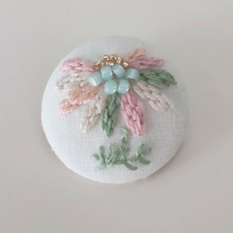 夢の中の花　グリーン　アクセント　刺繍ヘアゴム