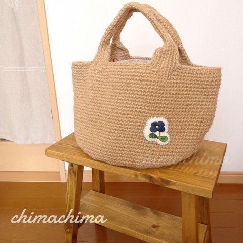 特別価格◎4400円→2200円　おはな刺繍のワッペンがかわいい大きめ麻bag（おはなブルー）