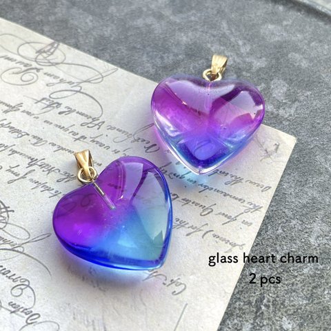 2pcs★charm・heart violetsky（ガラスハートチャーム）