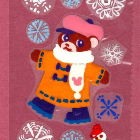 貼ってはがせる手描きシール　一点もの！「雪の結晶とクマと雪だるま」