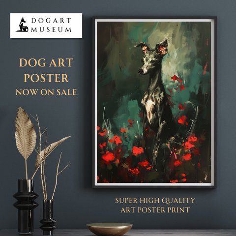 【犬花爛漫 - イタリアングレーハウンド犬 No.2】モダンアートポスター 犬の絵 犬の絵画 犬のイラスト