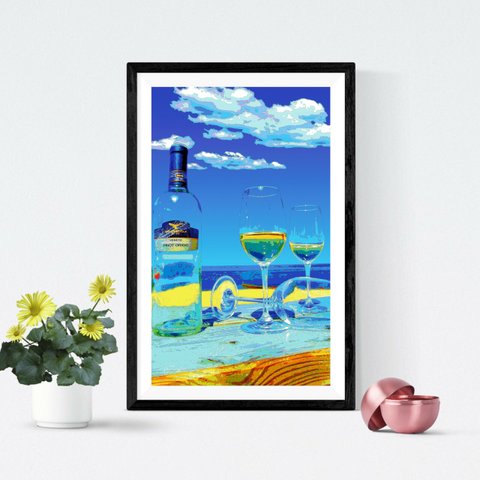 【アートポスター】ビーチとワイン（作品No.365）