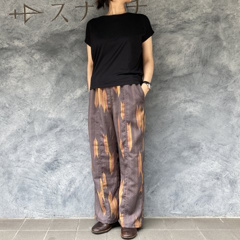 【SALE】着物リメイク ワイドパンツ - kimono elastic waist pants