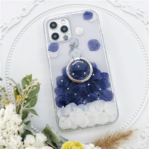 紫陽花、押し花スマホケース、リング付き、全機種対応、ストラップホルダ一、iFace風、手帳型、iPhone14、iPhone14 Pro、iPhone14plus、iPhone13、iPhone12、