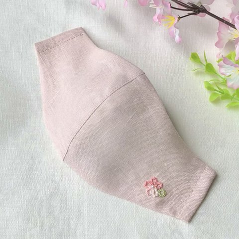 【再販】🌸葉桜モチーフ🌸ふわふわリトアニアリネンマスクＭサイズロング　ステッチなしのふんわりタイプ　ナチュラルスキンカラー　薄ピンク