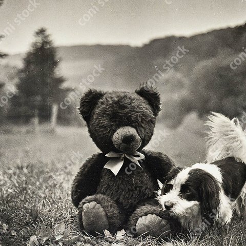 森の中でクマのぬいぐるみと写真をとる犬、レトロ、モノクロ、アート、古びた写真　conistock_62704_02